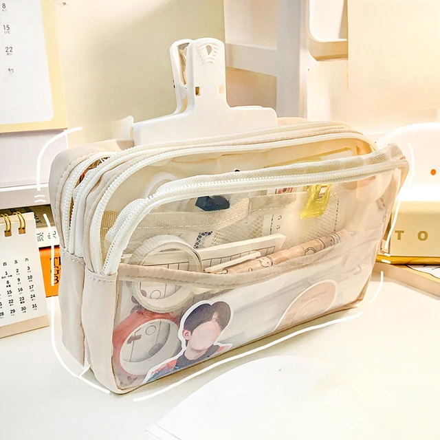 Clear Cute Pencil Case Kawaii Pencil Case Multi-Layer Aesthetic Pencil  Pouch Marker Case Holder Storage Bag (Beige)