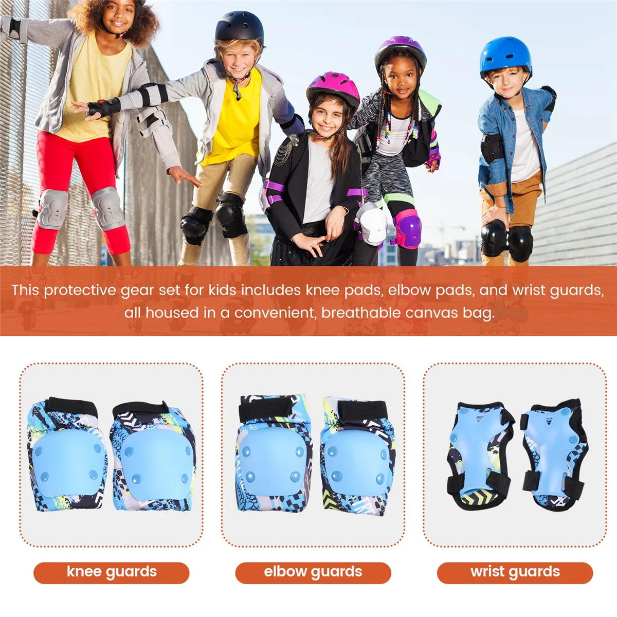 BAAU Roller Skating Protective Gear Set for Children, Full Equipment, Skateboard, Roller Skates, Balance Bike, Knee Pads A
