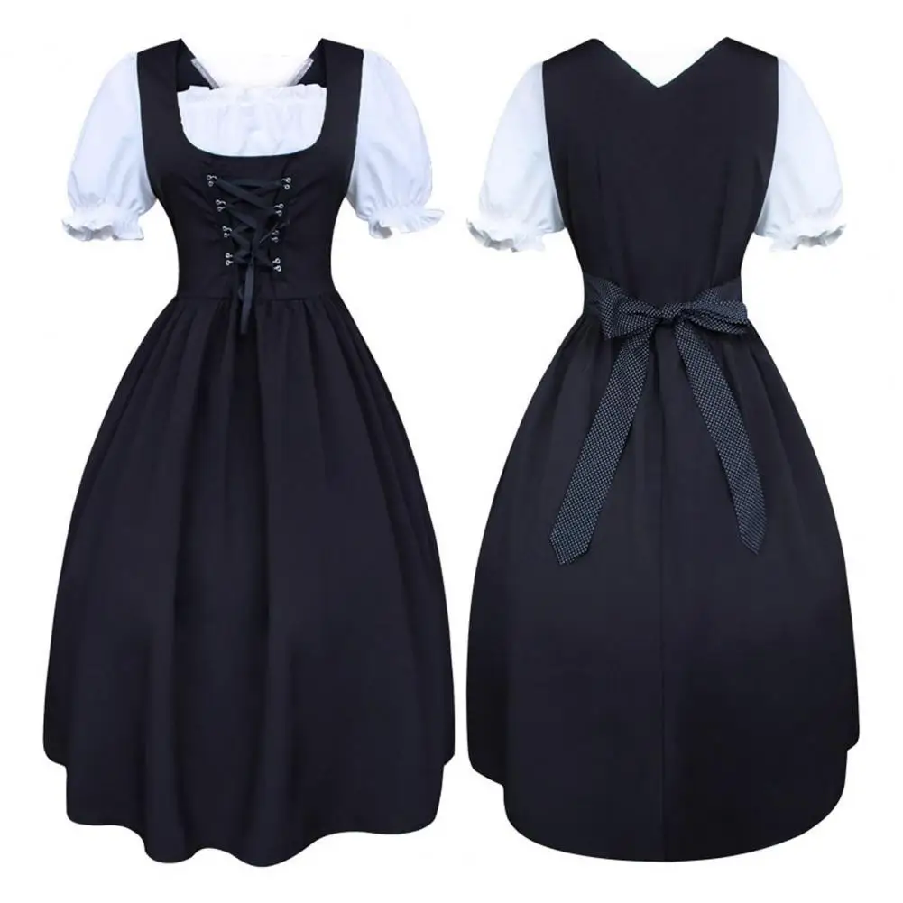 

Maid Dress Medieval-inspired Women's Color Block Dress with Square Collar Puff Sleeves Sheer Trim A Literary Maid's Dream Square