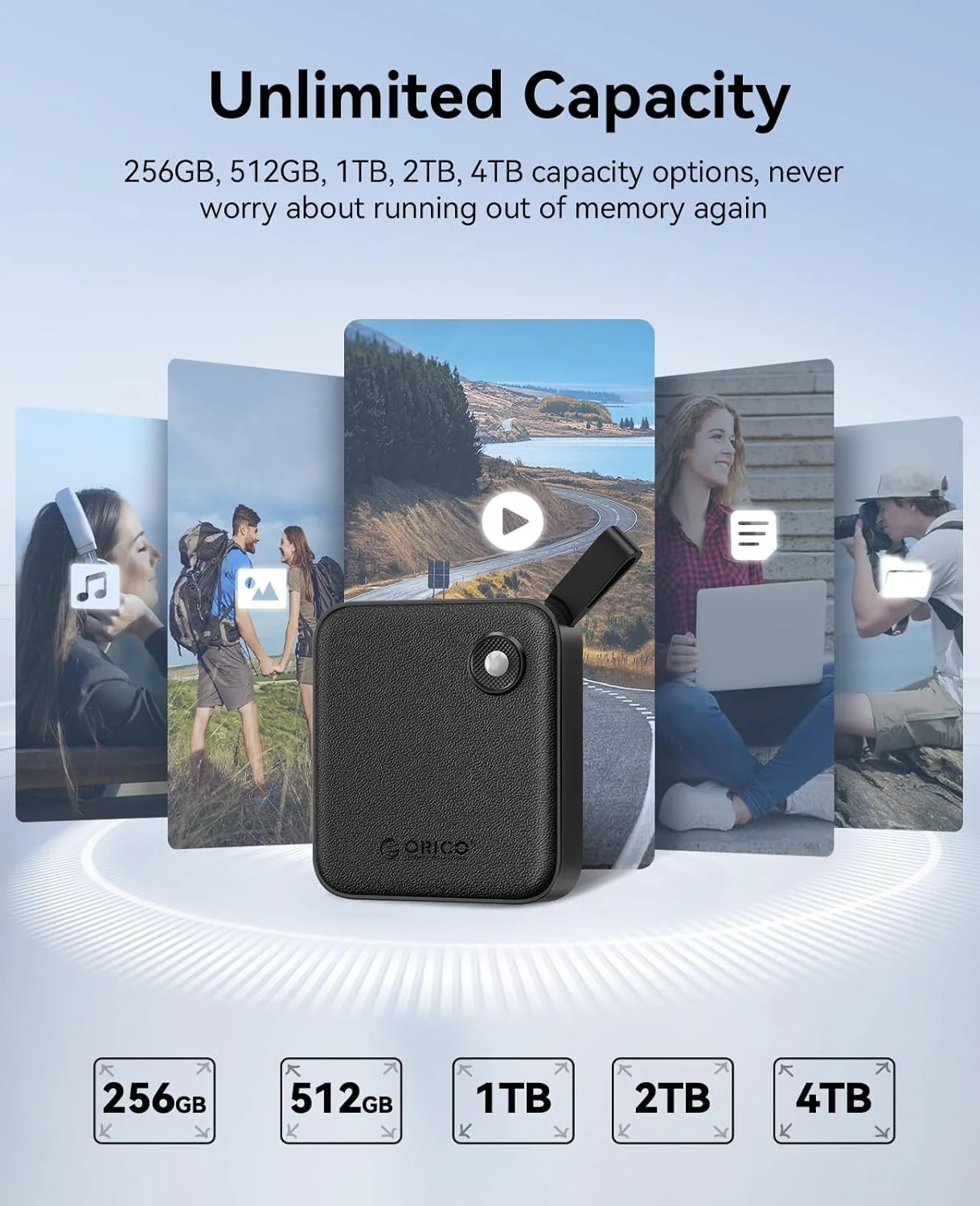 ORICO 휴대용 SSD, 2 in 1 USB C 케이블 포함, 외장형 솔리드 스테이트 드라이브, 아이폰 14 13 11 12 X 아이패드 PC용 최대 460MB/s