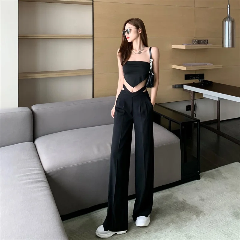 YUANYUANJYCO Korean Hollow Out High Waist Office Lady Wide Leg Pants Women Spring Autumn Back Zip Up Black Long Trousers Woman cargo pants for women