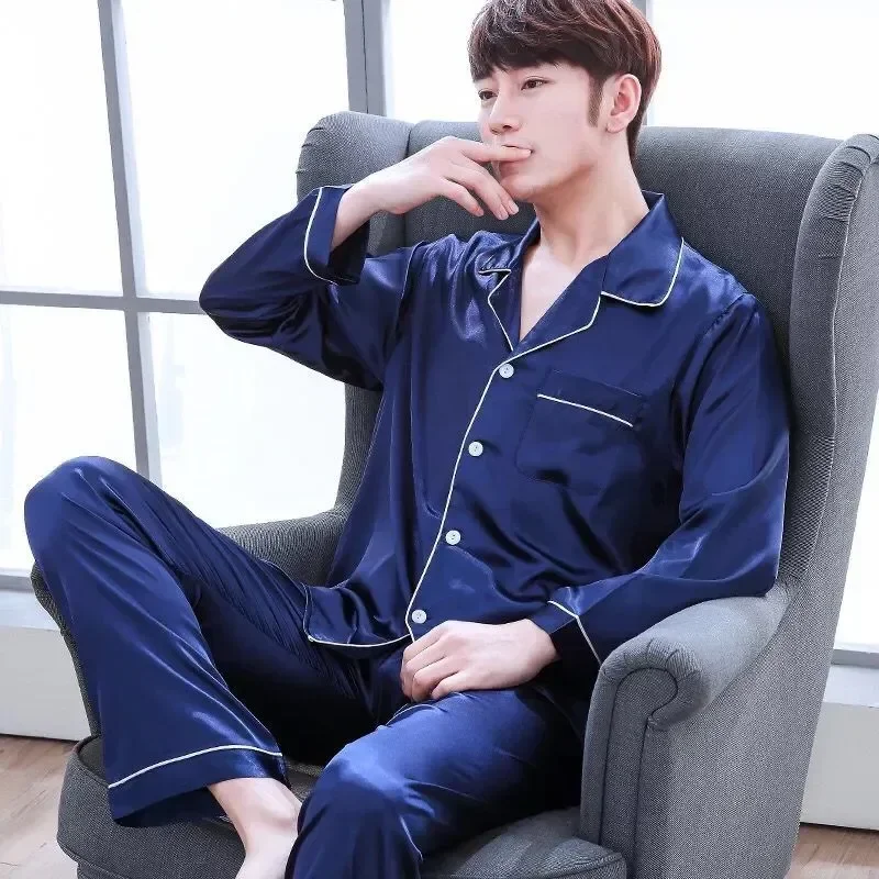 

Spring Pieces Men Sets Male Sleeve Pijama 2 Sleepwear Sets Silk Homewear Nightwear Collar Long Turn-down Pajama Satin