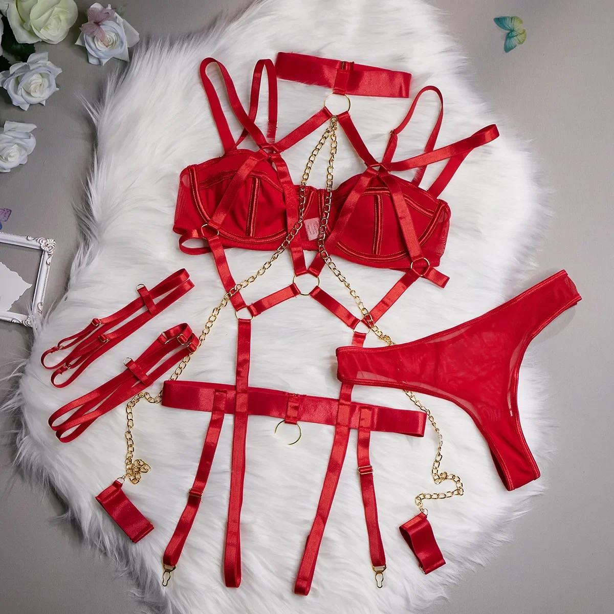 Seductive Chain Lingerie Four Piece Set 2