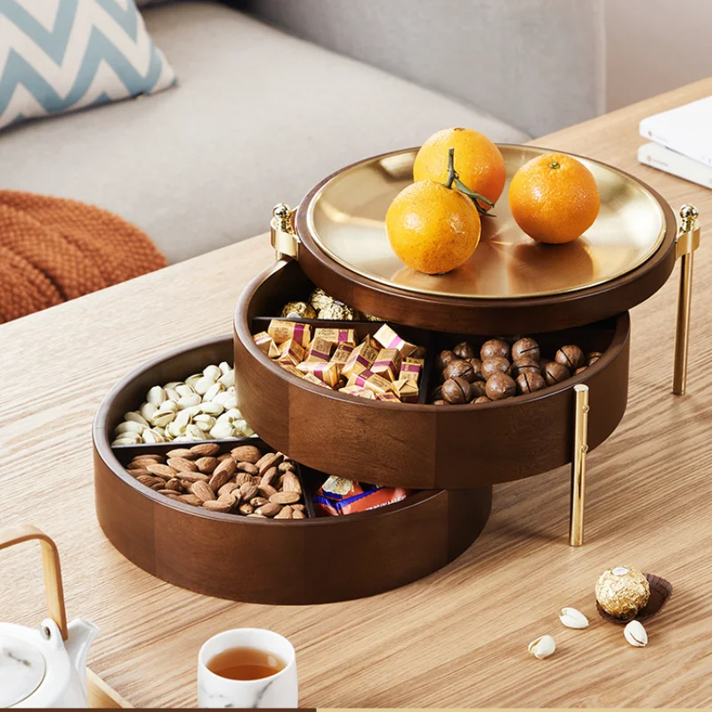 

Snack Plates Wooden Nature Nut Tray 3 Layers Creative Living Room Snack Tray Wood Rotating Fruit Plate Melon Seeds Candy Box