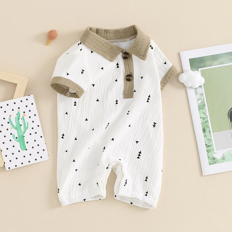 

Newborn Infant Baby Boy Short Sleeve Romper Cotton Linen Collared Jumpsuit Cartoon Print Short Overalls Playsuit