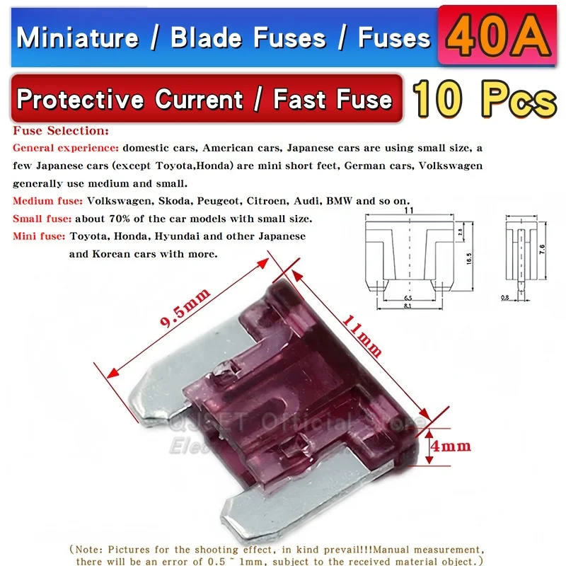 Assorted Miniature Medium-Small Amp Fuses Set - 10 pcs, 5A to 50A Range