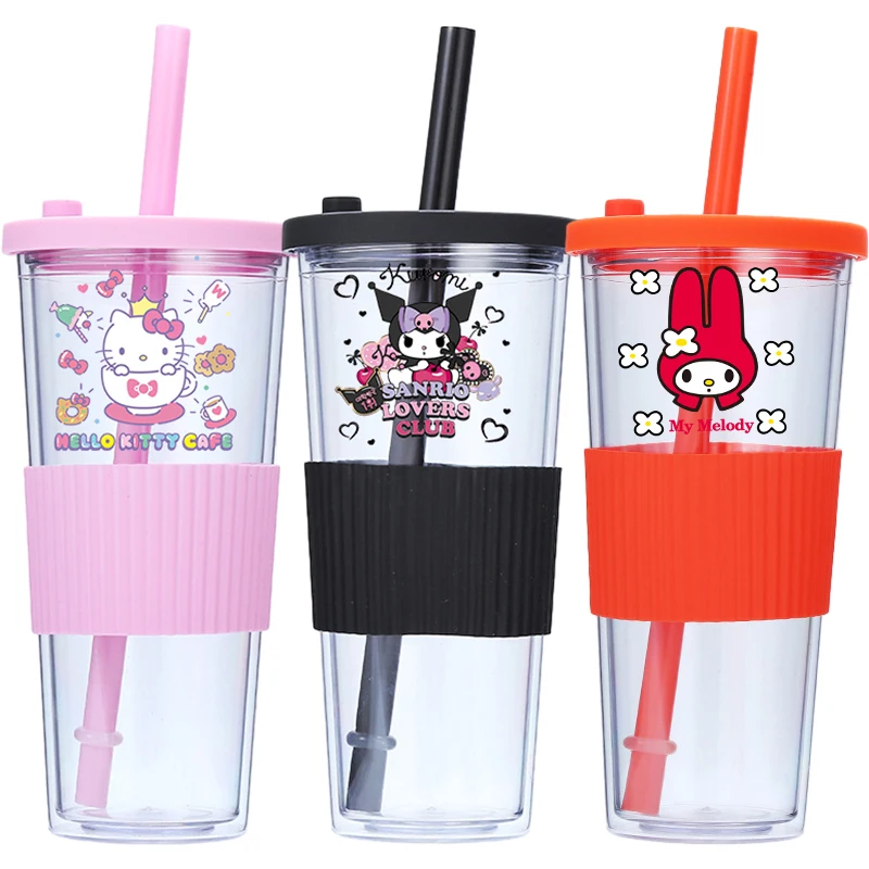 

710Ml Kawaii Hello Kitty Kuromi My Melody Plastic Straw Cup Anime Sanrios Large Capacity Drinking Bottle Valentine's Day Gifts