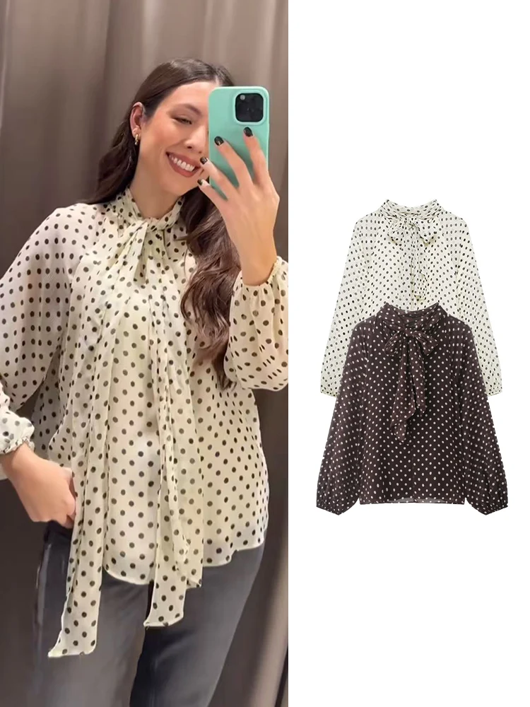  ﻿ TFMLN New Women Bow Collar Blouse Vintage Polka Dot Printed Loose Tops Fashion Elegant Spring Long Sleeve Commuting Shirts