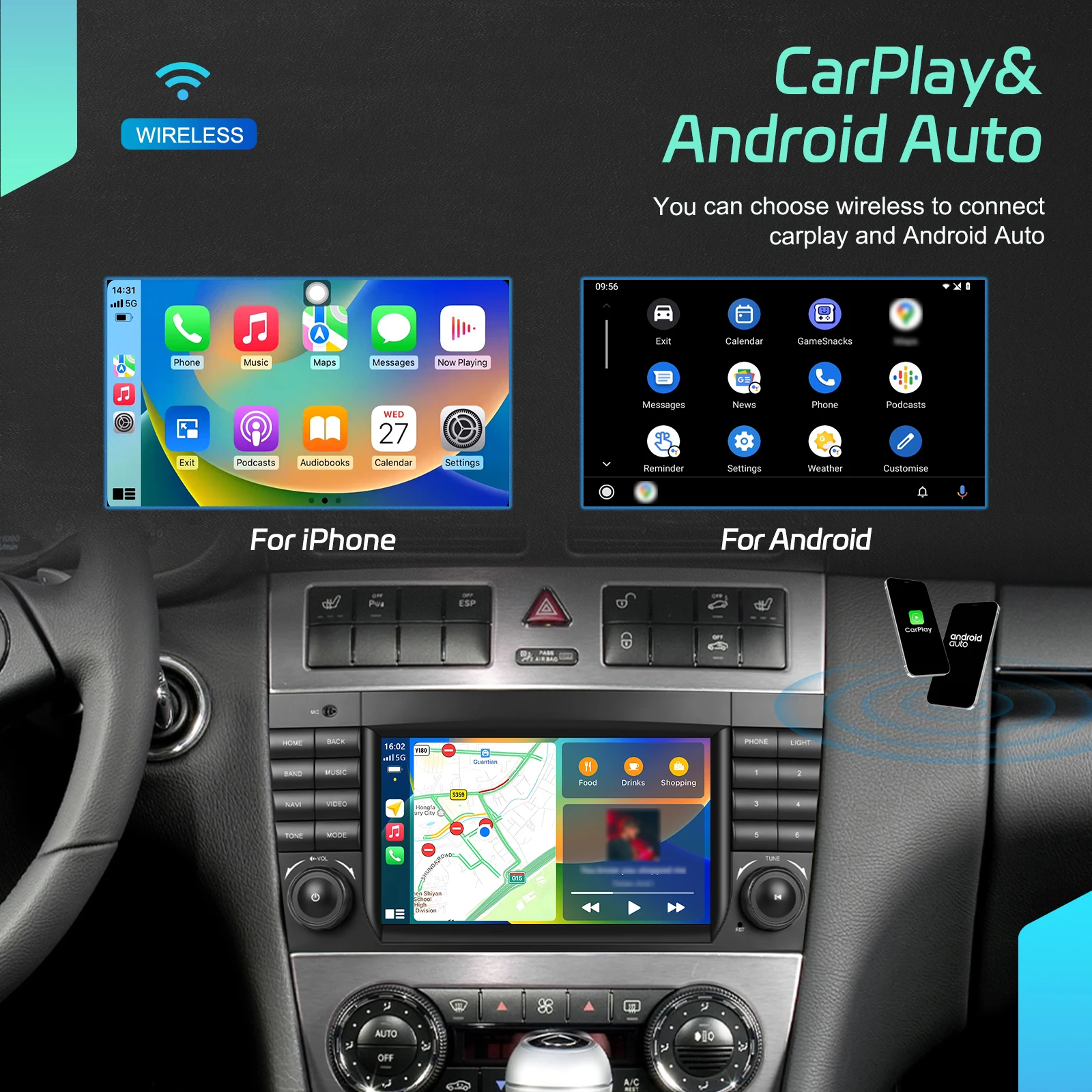 Podofo 7 ''Wireless Carplay para Mercedes Benz Clase C W203 2004-2007/Clase CLC W203 2008-2010, Radio para Auto, Reproductor Multimedia Android, Estéreo para Auto, GPS, Navegador 3