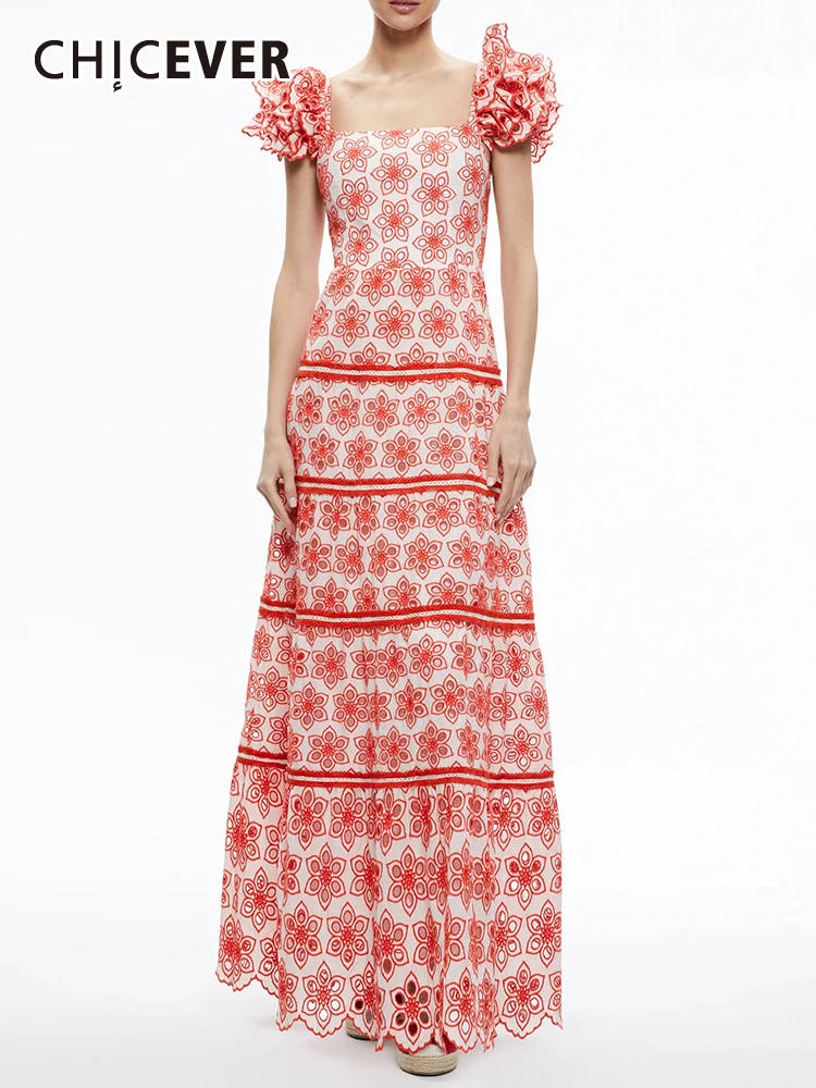 

CHICEVER Hit Color Camisole Dresses For Women Square Collar Flying Sleeve High Waist Slimming Print Maxi Dress Female Summer New
