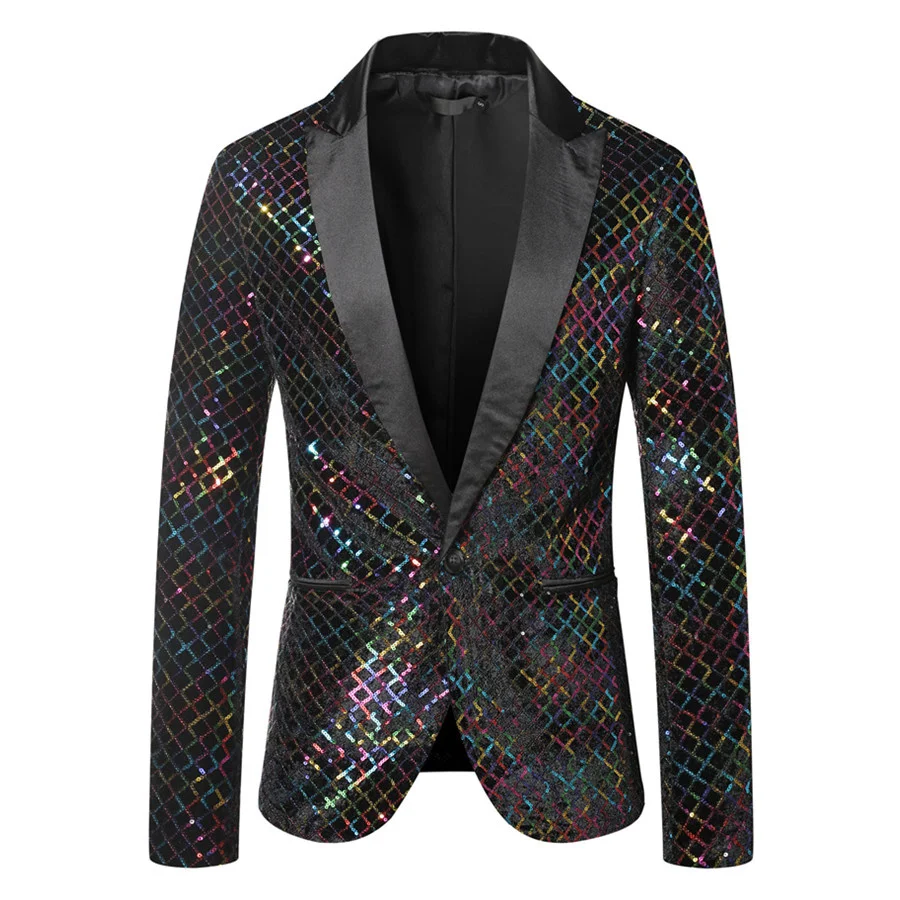 

Colorful Sequin Plaid Blazer 2024 New Slim Fit One Button Men Jackets Dress Suit Blazers Male Party Wedding Stage Costume Homme