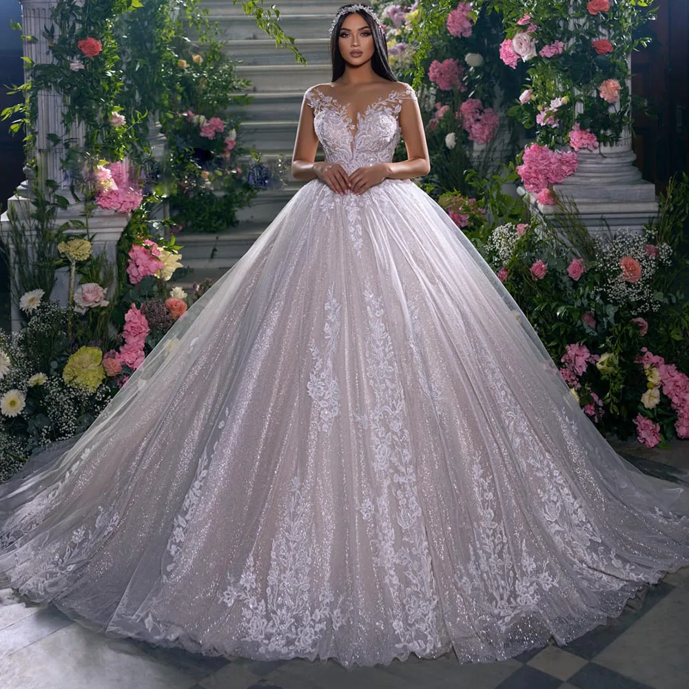 

Hochzeitskleid Shining Cap Sleeve Tulle Wedding Dresses Backless Luxury Robe Mariage Sequined Appliques Vintage Vestido De Novie