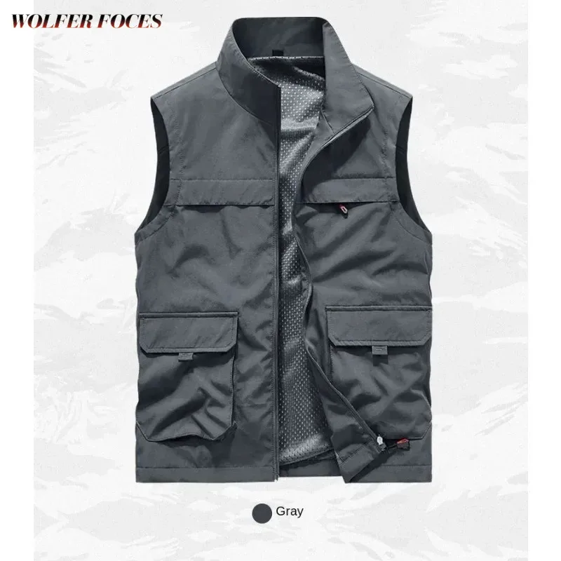 

Man Work Leather Vest Coat Multi Pocket Tactical Sleeveless Men Jacket Windbreaker Vests Hunting Waterproof Embroidered Jackets