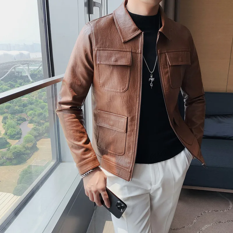 

2022 Spring Fashion Mens Cool bomber Jackets Men Jacket Collar Slim Fit Motorcycle Leather Jacket Coat Outwear Streetwear S-4XL