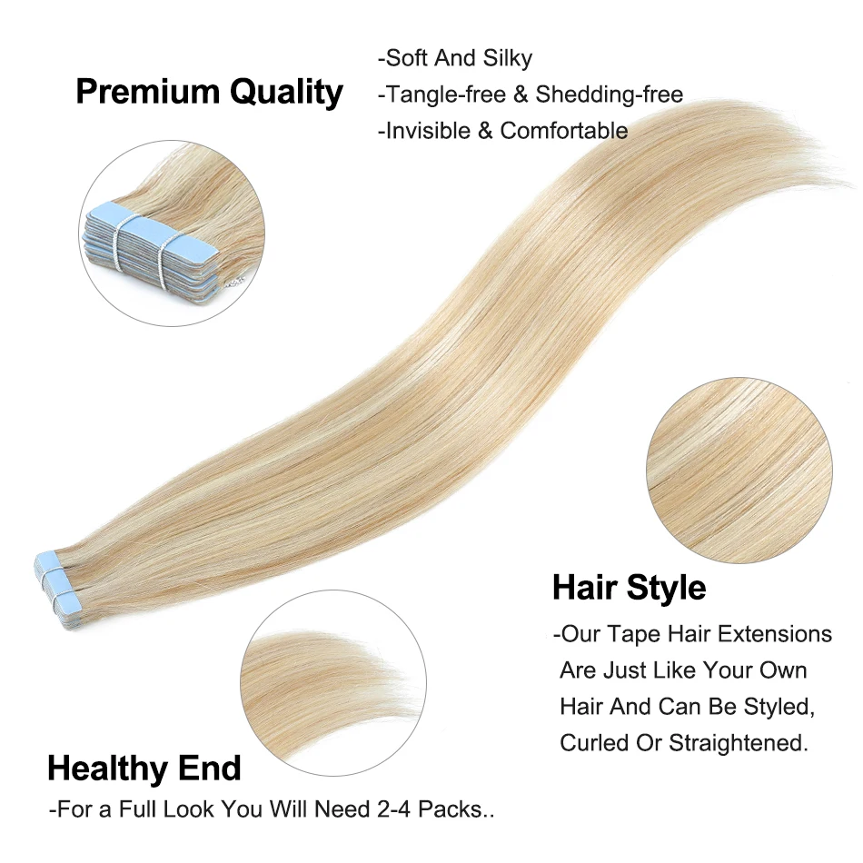 LOVEVOL 20PCS 50G Seamless Tape in Human Hair Platinum Blonde Real Hair Extensions Invisible Skin Weft PU Straight Tape in