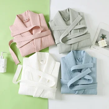 Cotone tinta unita Primavera e autunno Coppie waffle Accappatoio Yukata medio-lungo Coppia di hotel in famiglia Accappatoi morbidi 1