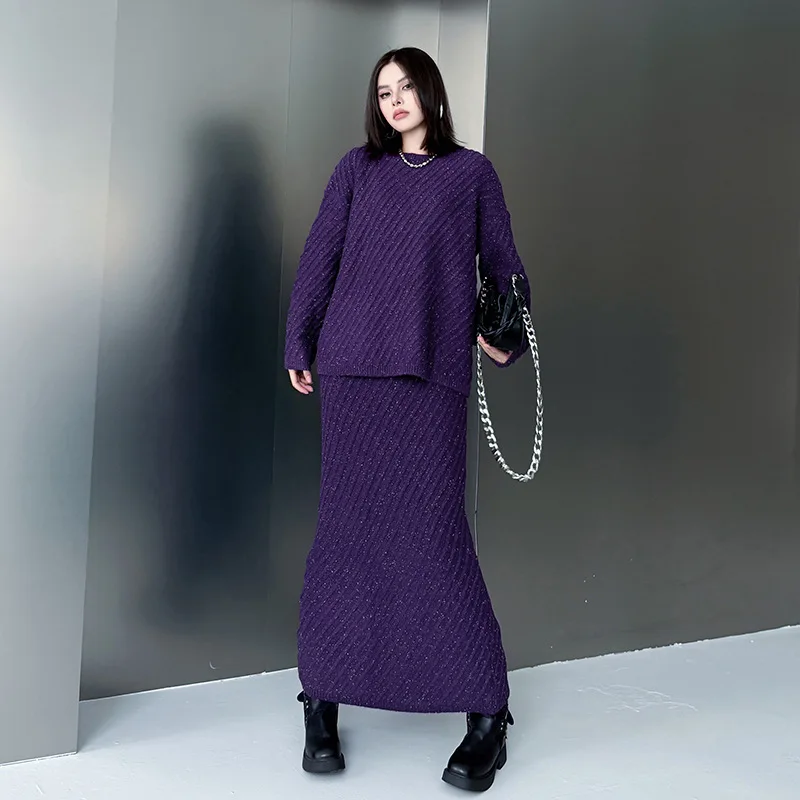 مخطط بلون محبوك سترة فستان مجموعة الخريف الشتاء فضفاض البلوز سترة + تنورة قطعتين مجموعة النساء الأرجواني ZF1452