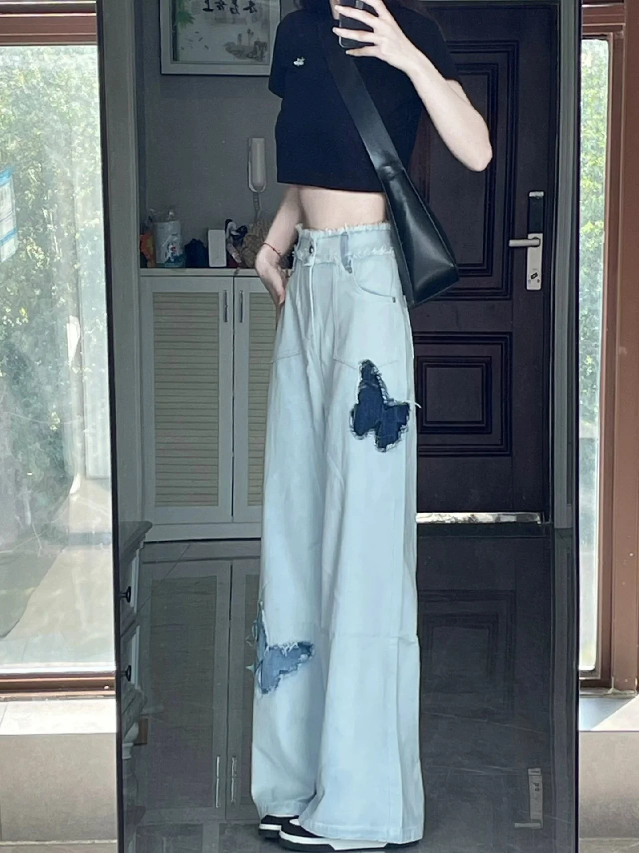 Women Jeans High Waisted Butterfly Patch Straight Tube Jeans Autumn American Casual Loose Fitting Wide Leg Mop Pants