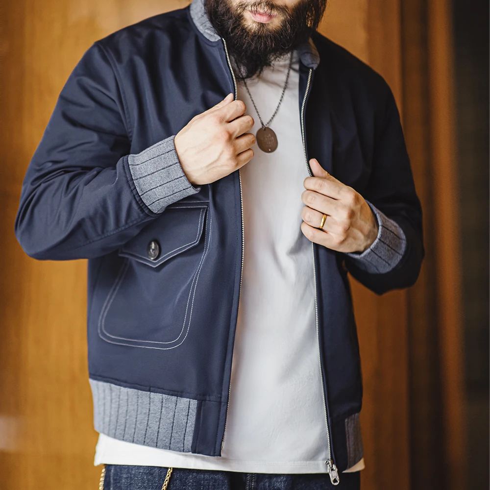 Maden Retro A1 비행 짧은 파란색 재킷, 대비색 스플라이싱 야구 유니폼 코트, 남성용 오버코트, 용수철 및 가을