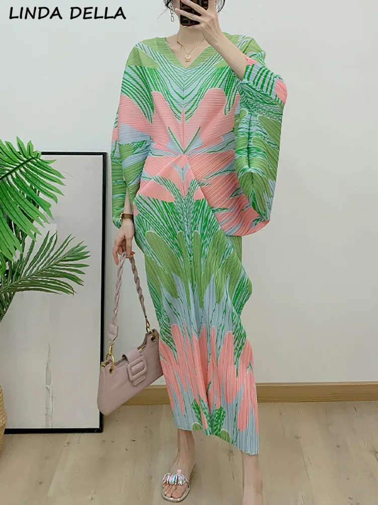 

LINDA DELLA Summer Fashion Runway Vintage Print Pleated Dress Women Batwing Sleeve Loose Waist Casual Package Buttock Long Dress