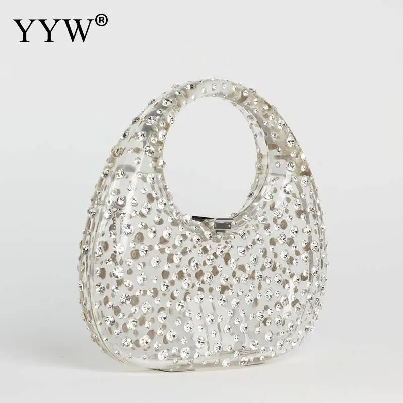 Shiny Diamond Transparent Acrylic Half Moon Purse 2023 Designer Luxury Evening Handbag Ladies Wedding Party Diamond Clutch Bag