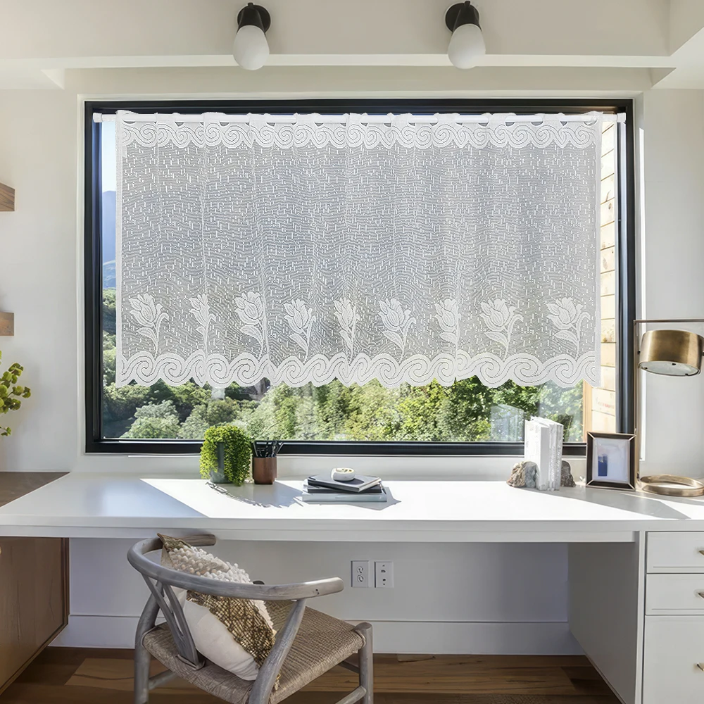 Art Deco white floral knitted polyester kitchen curtain-machine washable unlined door curtain suitable for all seasons window curtains tie valance curtain