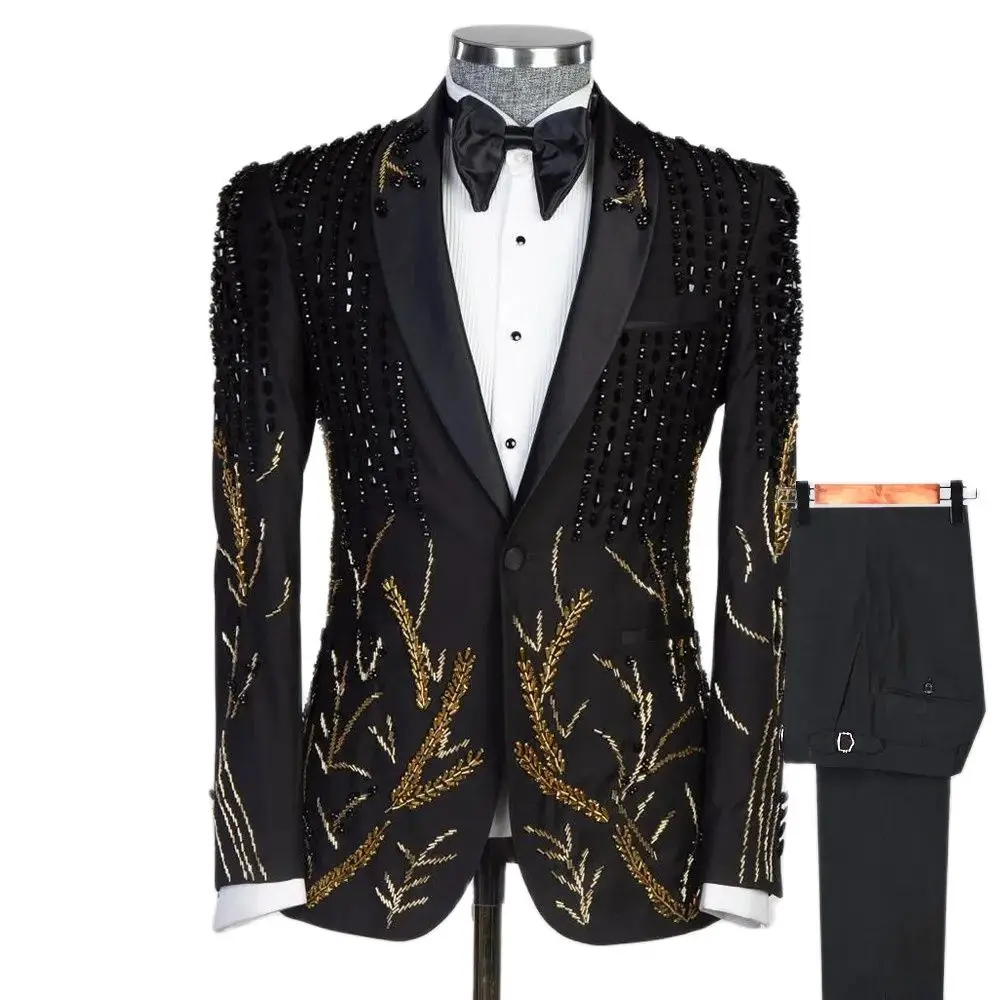 

Luxury Suits Men For Wedding Gold Black Crystals Beaded Groom Tuxedos Tailored Party Dinner Prom Blazer 2 Pieces Costume Homme