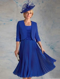 Royal Blue Vintage Mother of the Bride Groom Dress 2023 Two Piece Scoop Tea Length Chiffon Lace Wedding Party Gowns Plus Size
