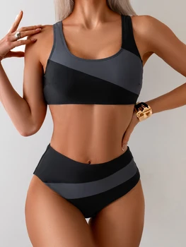 Women's Sporty Two-Piece Swimsuit, Slim-Fit Color Block Patchwork Bikini, High Waist Swimwear 1
