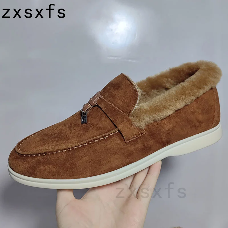 

Kidsuede Leather Winter Women Flat Shoes Metal Decor Wool Snow Boots Warm Slip-on Fur Shoes Ladies Designer Summr Walk Loafers