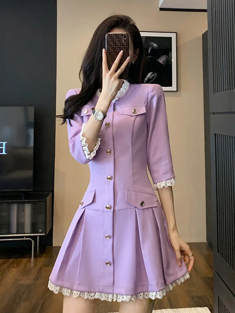 

French Small Fragrance Purple Mid sleeved Early Autumn Women's Dress 2023 New Waistband Slim and Elegant Pleated Skirt