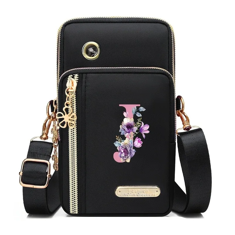 Floral Print Mobile Wallet with Zippered Card Organizer and Adjustable Strap
