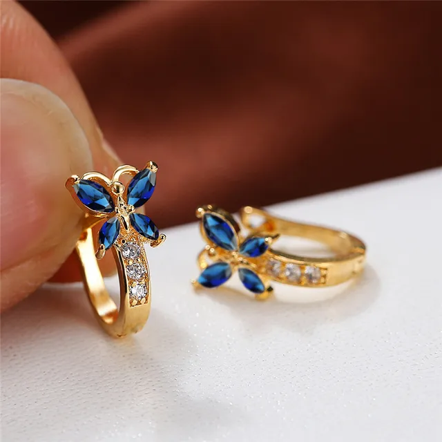 Cute Femal Crystal Stone Butterfly Hoop Earrings Vintage Gold Color Bridal Rainbow Zircon Small Wedding Jewelry For Women 3