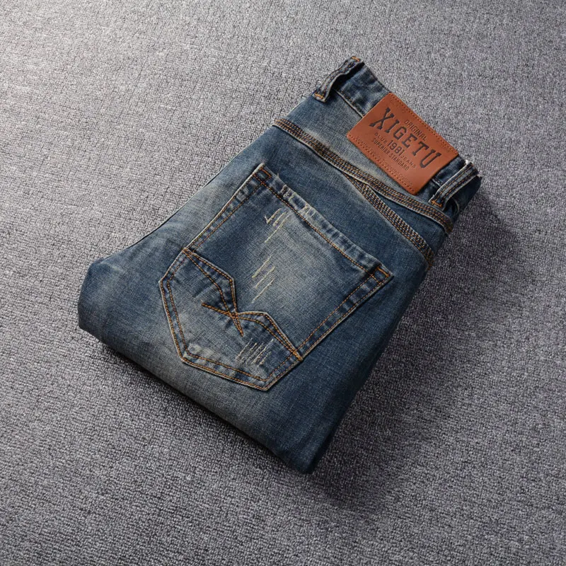 Newly Designer Fashion Men Jeans Retro Blue Washed Stretch Trousers Elastic Slim Fit Ripped Jeans Men Vintage Denim Pants Hombre