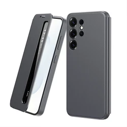 ELVEV Smart Side Window Series Premium PU Leather Drop Protection Phone Case - Galaxy S23 Ultra (Grey)