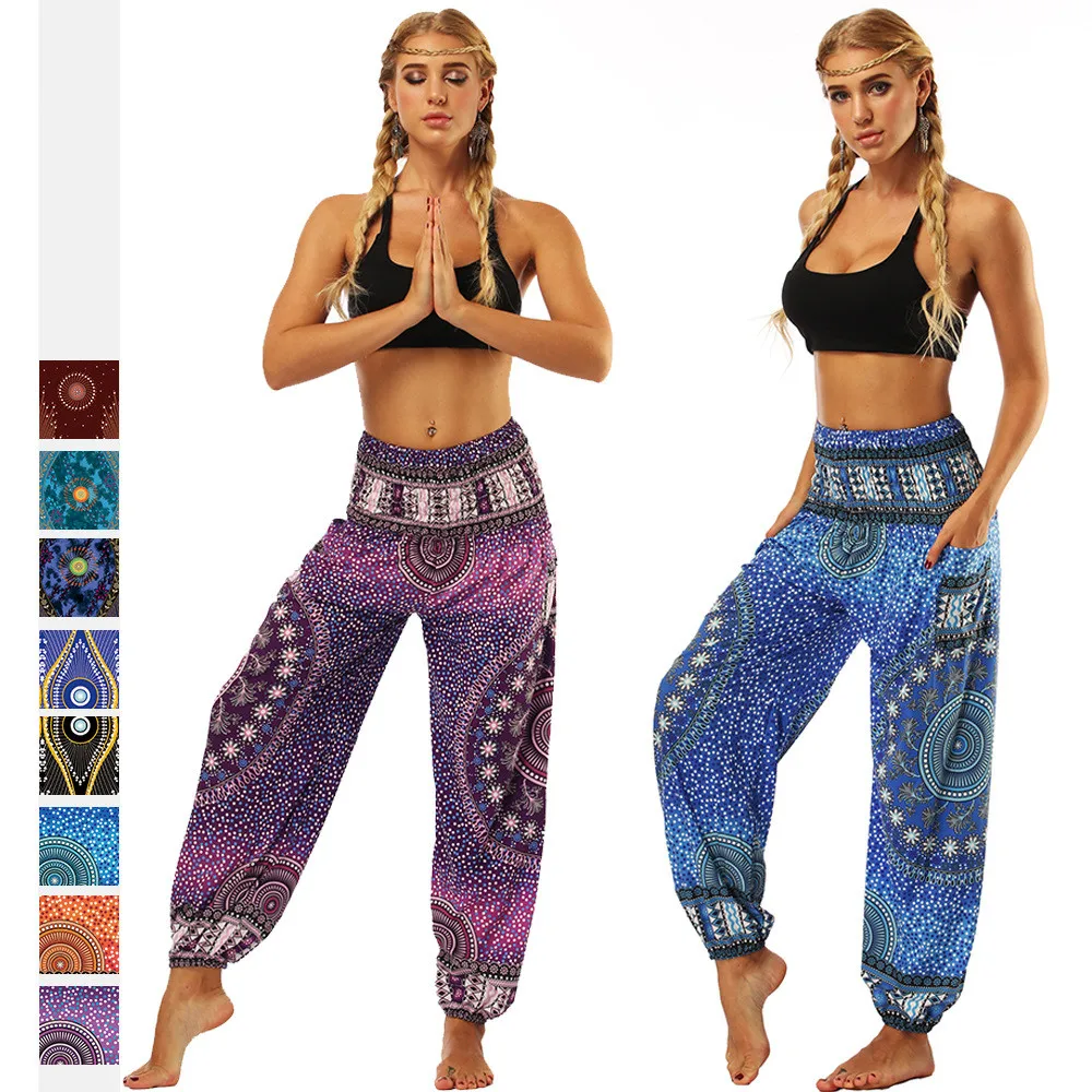 

Летние женские этнические повседневные свободные брюки 2023, женские широкие брюки с разноцветным принтом в горошек в стиле бохо, спортивные шаровары для йоги с высокой талией для девушек