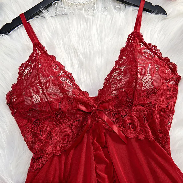 Set da 2 pezzi Set di lingerie sexy da donna Abito sottoveste a V profondo Perizoma Reggiseno erotico Set di slip Camicia da notte in pizzo Camicia da notte morbida trasparente 2