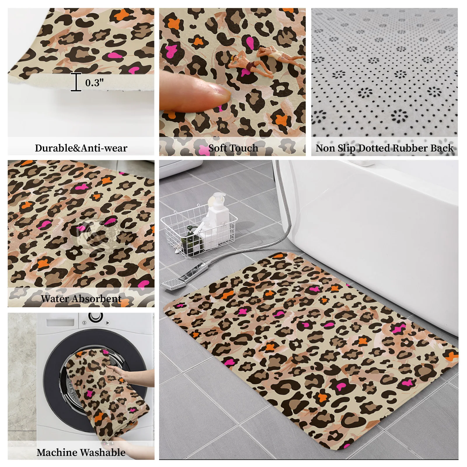 Front Door Mat,Grey White Leopard Print Rubber Backing Non Slip