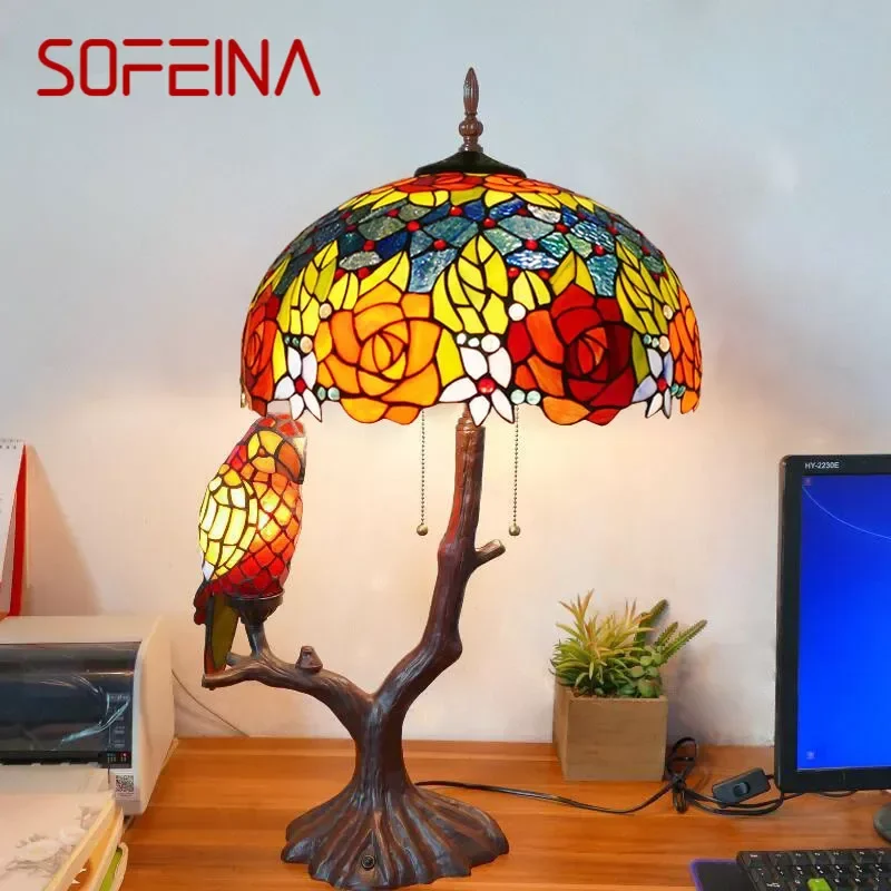 

SOFEINA Tiffany Table Lamp American Retro Living Room Bedroom Lamp Luxurious Villa Hotel Stained Glass Desk Lamp