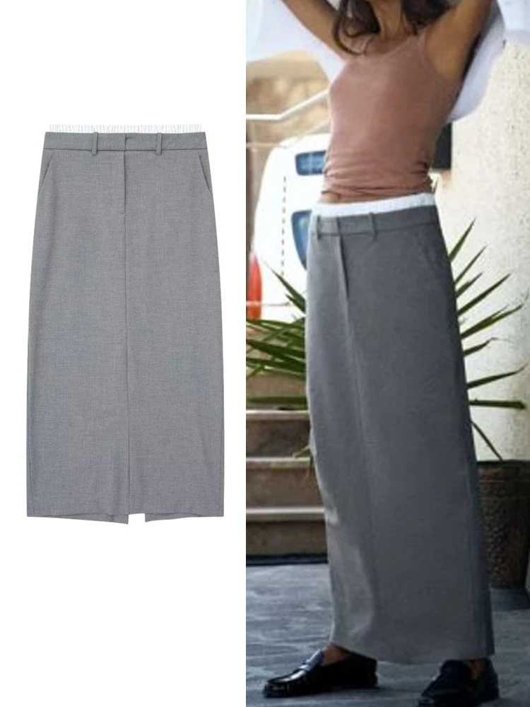 

TRAFWomen Fashion High Waist Long Skirt Versatile 2023 New Summer Female Vintage Solid Front Split Midi Skirts Mujer