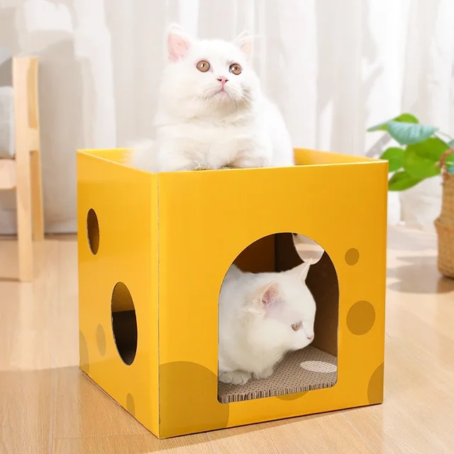 2-Layer Foldable Cardboard Cat House Fun Cheese Design Sturdy Scratching Post Integrated Cat Bed for Sleeping And Playing 2-Layer Foldable Cardboard Cat House Fun Cheese Design Sturdy Scratching Post Integrated Cat Bed for Sleeping And Playing