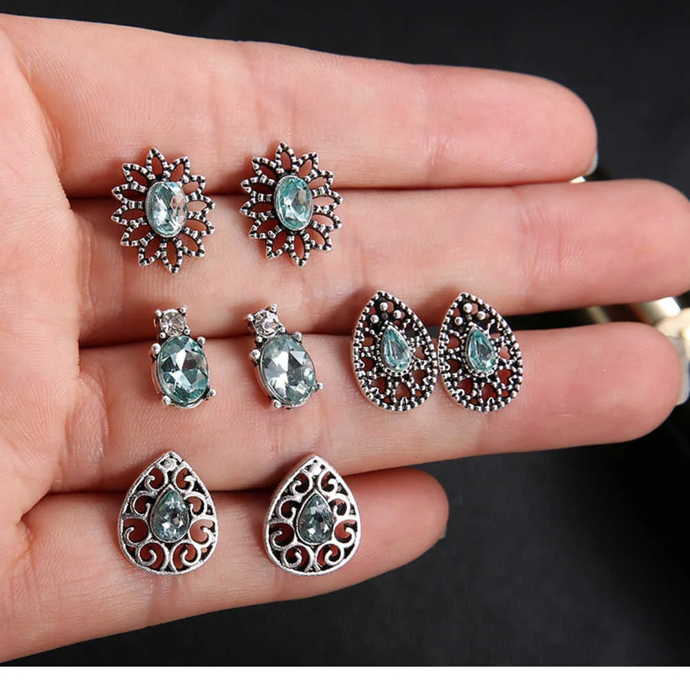 Meyfflin Frauen Kristall Ohrringe für Frauen Boucle D'oreille Schmuck Böhmischen Stud Ohrring Set Grün Tröpfchen Brincos 5 Pairs – Detail 28