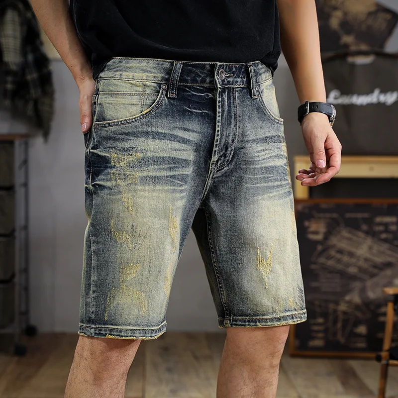 

Retro Washed Denim Shorts Men's Summer 2024 New Fashion Brand Instagram Cat Old Color Stretch Motorcycle Shorts
