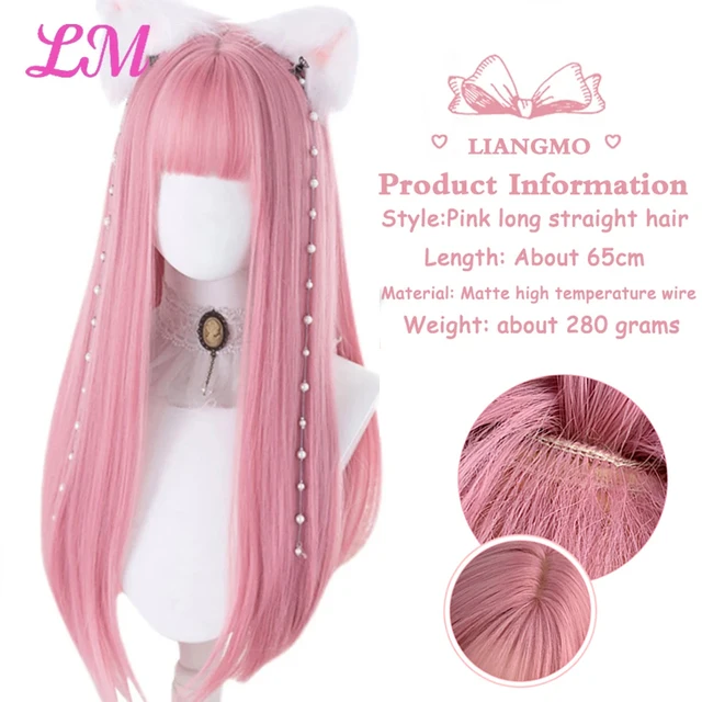 LM Cosplay Wig With Bangs Synthetic Straight Hair 24 Inch Long Heat-Resistant Pink Wig For Women 2