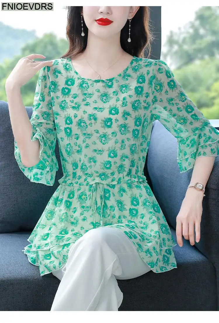 S-4XL Loose Clothes 2023 Women Summer Short Sleeve Elegant Ruffles Shirts Casual Chiffon Floral Tunic Peplum Tops And Blouses
