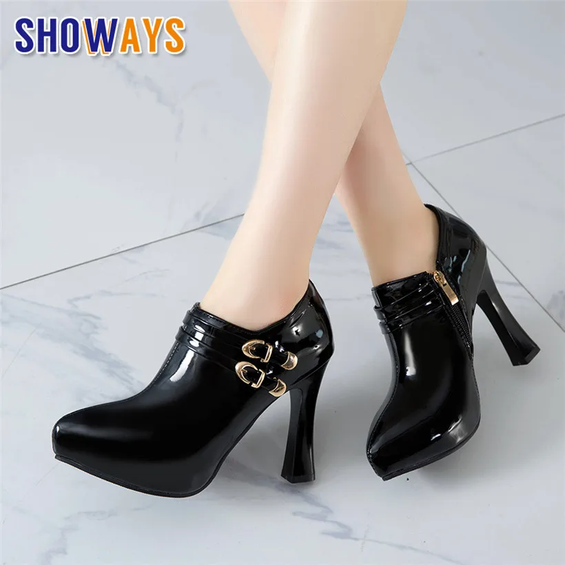 

Large Size Women Platform Ankle Boots Black Patent Leather Office Lady Pointed Toe High Chunky Heels Booties Buckle Zipper Shoes