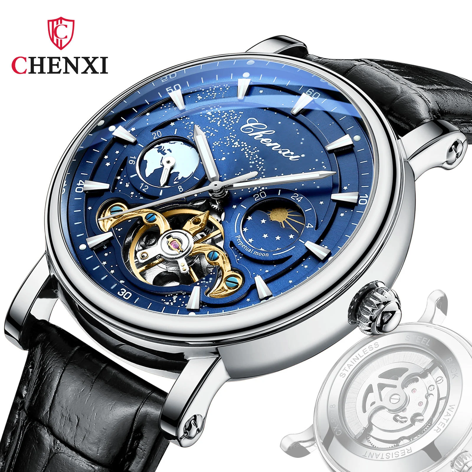 CHENXI 8872 Milky Way Moon Phase Hollow Flywheel Mechanical Men's