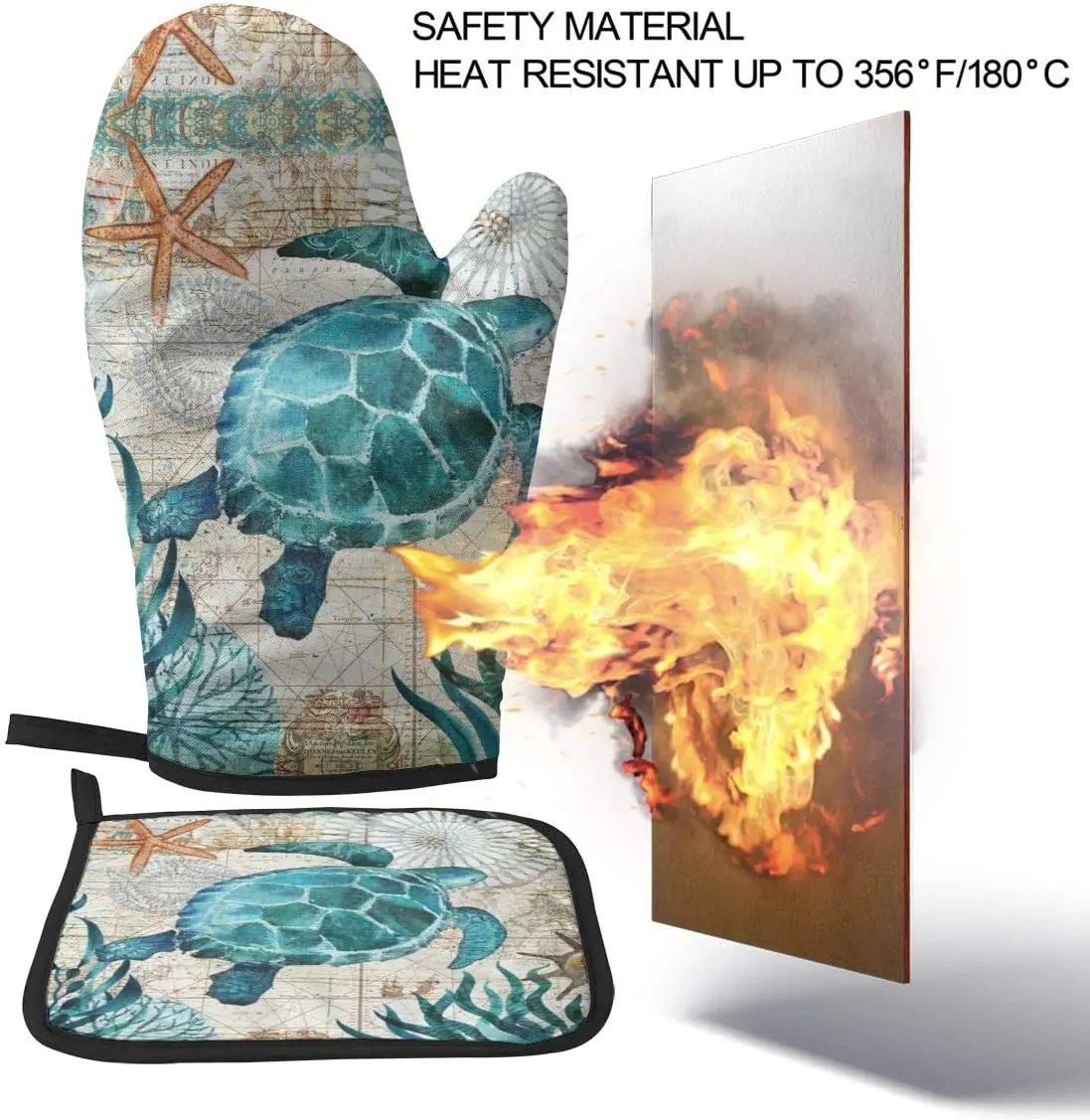 Marine Life Theme Sea Turtle Heat Resistant Hot Oven Mitts & Pot Holders Oven Gloves for BBQ Cooking Baking Grilling