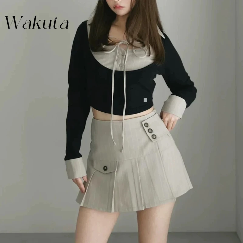 WAKUTA Japanese Sweet Lapel Tied Long Sleeve Shirt Style Top Temperament Striped Pleated Mini Skirt Irregular 2-piece Set Spring 3