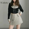 WAKUTA Japanese Sweet Lapel Tied Long Sleeve Shirt Style Top Temperament Striped Pleated Mini Skirt Irregular 2-piece Set Spring 3